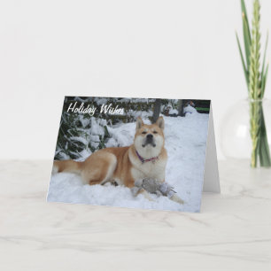 een mooie akita hond die op de sneeuwcrisis zit feestdagen kaart