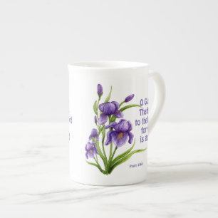 Een mooie boeket van Iris bloemen met geschrift Porselein Kop