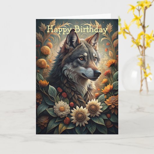 Een mooie boswolf kaart (Gele Bloem)