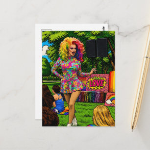 Een mooie dragqueen in park Kleurrijke Pop Art Briefkaart