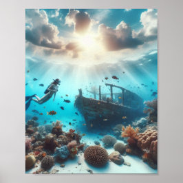 Een mooie duiker observeert een scheepswrak poster