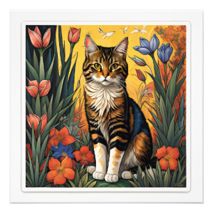 Een mooie en kleurrijke kat zittend op een lente b foto afdruk