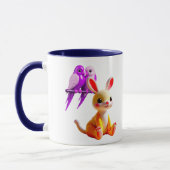 Een mooie foto met een konijn en gekleurde vogels. mok (Links)