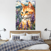 Een mooie gemberkat in een lavendelveld canvas afdruk (Insitu (Slaapkamer))
