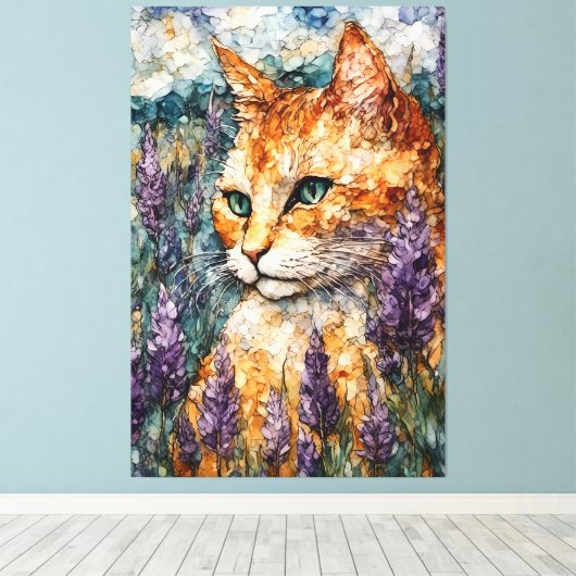Een mooie gemberkat in een lavendelveld canvas afdruk (Insitu (Houten vloer))