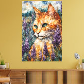 Een mooie gemberkat in een lavendelveld canvas afdruk (Insitu (Woonkamer))