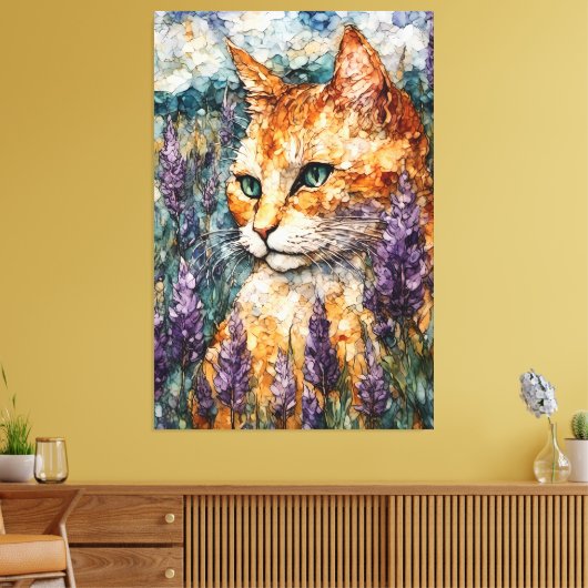 Een mooie gemberkat in een lavendelveld canvas afdruk (Insitu (Woonkamer))