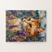 Een mooie gemberkat in een lavendelveld legpuzzel (Horizontaal)