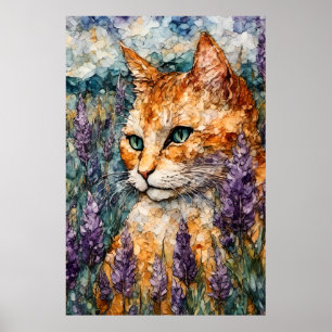 Een mooie gemberkat in een lavendelveld poster