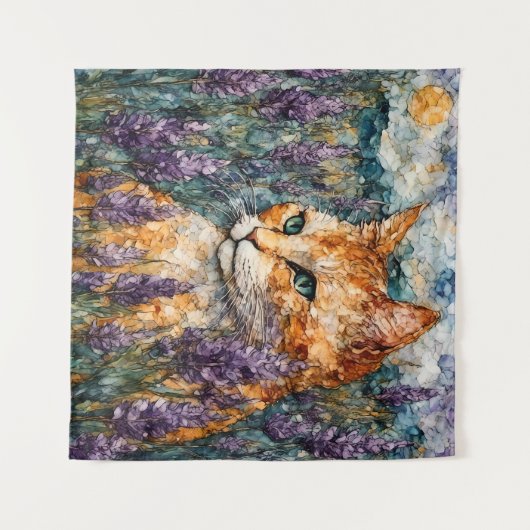 Een mooie gemberkat in een lavendelveld wandkleed (Voorkant (horizontaal))