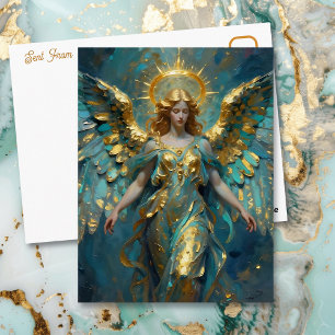 Een mooie gouden en turkooizen engel briefkaart