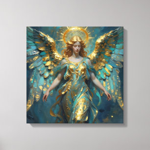 Een mooie gouden en turquoise engel canvas afdruk