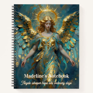 Een mooie gouden en turquoise engel gepersonalisee notitieboek