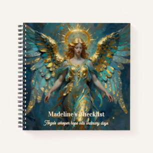 Een mooie gouden en turquoise engel gepersonalisee notitieboek