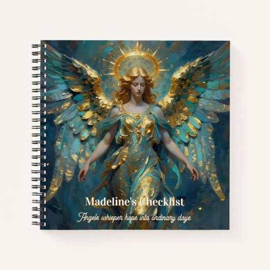 Een mooie gouden en turquoise engel gepersonalisee notitieboek (Voorkant)