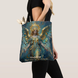 Een mooie gouden en turquoise engel gepersonalisee tote bag