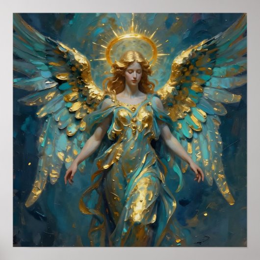 Een mooie gouden en turquoise engel  poster (Voorkant)