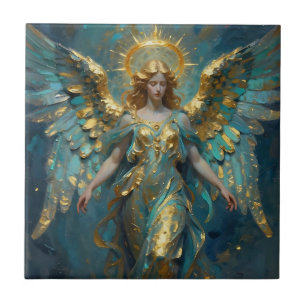 Een mooie gouden en turquoise engel tegeltje