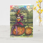 Een mooie Halloween kleurrijke heks blanke kunst K Kaart (Gele Bloem)