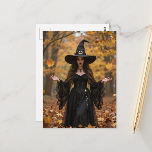 Een mooie heks in de herfst briefkaart (Voorkant / Achterkant in situ)