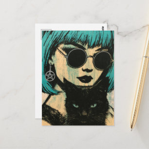 Een mooie heks met haar zwarte kat briefkaart