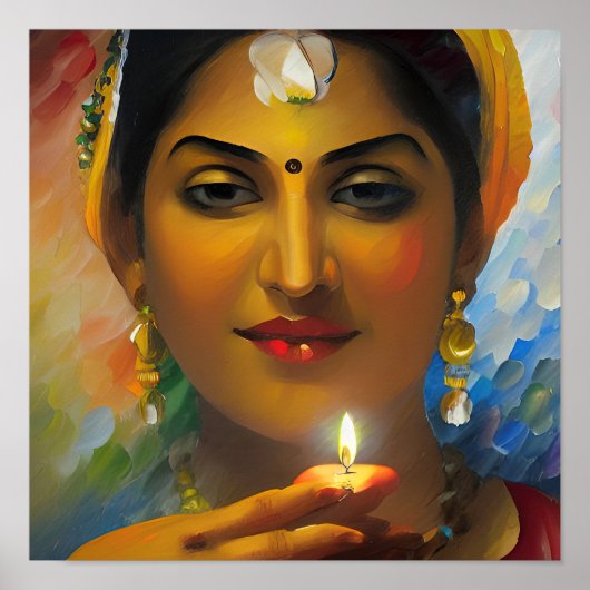 Een mooie Indische vrouw met diwali-olielamp Poster (Voorkant)