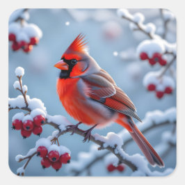 Een mooie kardinaal op een besneeuwde tak Kerstmis Vierkante Sticker