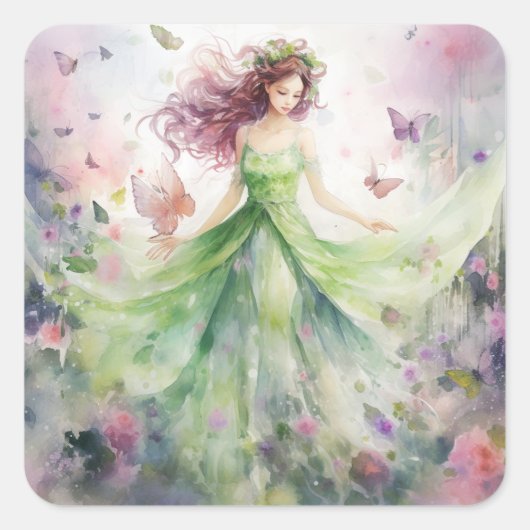 Een mooie lente elf vierkante sticker (Voorkant)