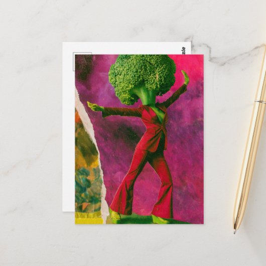 Een mooie retro dansende broccoli briefkaart (Voorkant / Achterkant in situ)