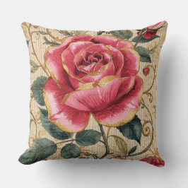 Een mooie schokkende roze roos, goud, luxe kussen