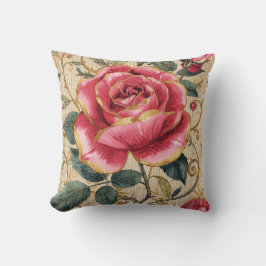 Een mooie schokkende roze roos, goud, luxe kussen