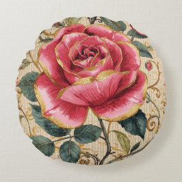 Een mooie schokkende roze roos, goud, luxe rond kussen