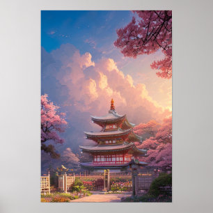 Een mooie tempel en bloedige Cherry Trees Poster