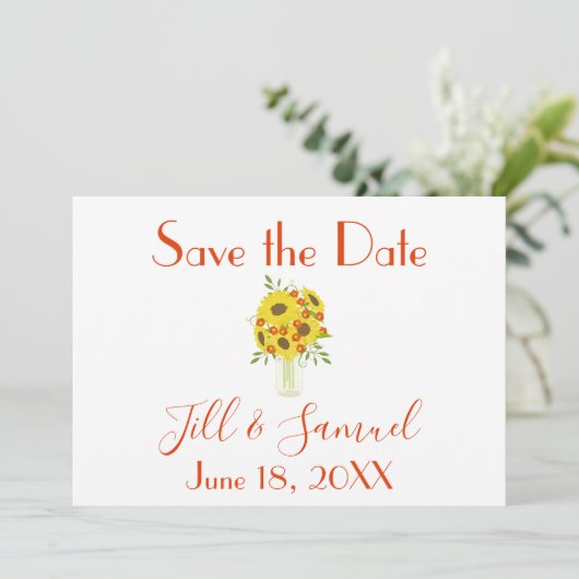 Een mooie vaas van Zonnebloemen Save The Date (Staand voorkant)