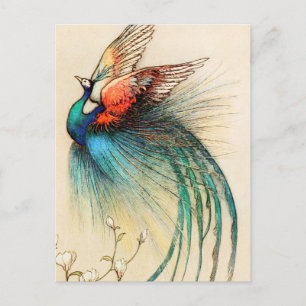 Een mooie vogel vliegt uit de jeneverbes boom briefkaart