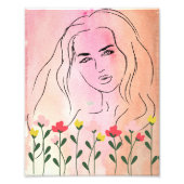Een mooie vrouw & bloemen, Line art design Foto Afdruk (Voorkant)