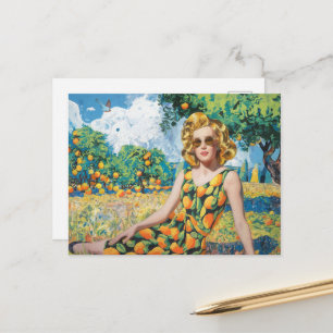 Een mooie vrouw in een sinaasappelboomgaard briefkaart