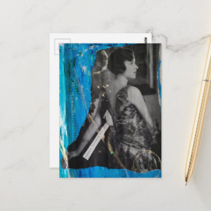 Een mooie vrouw in zwart-wit op blauw uit 1930  briefkaart