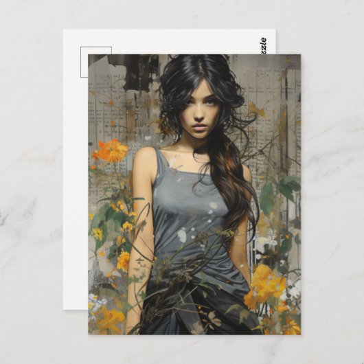 Een mooie vrouw lang haar gele bloemen collage briefkaart (Voorkant / Achterkant)