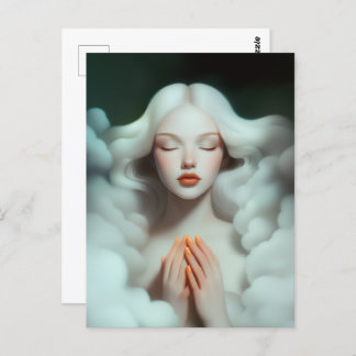 Een mooie vrouw mediteert in de wolken briefkaart