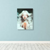 Een mooie vrouw mediteert in de wolken canvas afdruk (Insitu (Houten vloer))