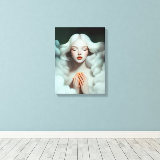 Een mooie vrouw mediteert in de wolken canvas afdruk (Insitu (Houten vloer))