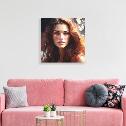 Een mooie vrouw met lang haar canvas afdruk (Insitu (Woonkamer))
