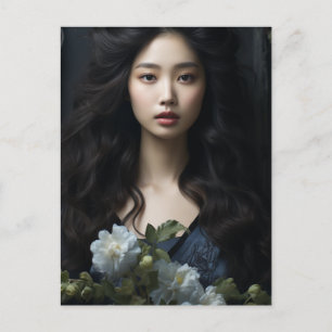 Een mooie Vrouw met lang zwart haar en bloemen Briefkaart