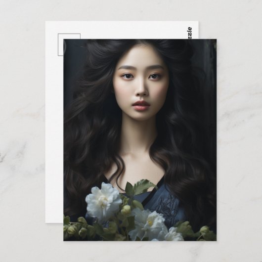 Een mooie Vrouw met lang zwart haar en bloemen Briefkaart (Voorkant / Achterkant)
