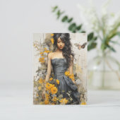 Een mooie Vrouw met lange haar gele bloemen Briefkaart (Staand voorkant)