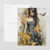 Een mooie Vrouw met lange haar gele bloemen Briefkaart (Voorkant / Achterkant)