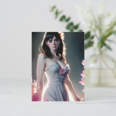 Een mooie Vrouw met lange zwarte roze bloemen Briefkaart (Staand voorkant)