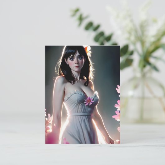 Een mooie Vrouw met lange zwarte roze bloemen Briefkaart (Staand voorkant)