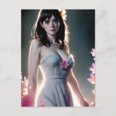 Een mooie Vrouw met lange zwarte roze bloemen Briefkaart (Voorkant)